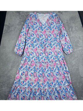 V-Neck Paisley Print Maxi Dress With Long Sleeves Pink & Blue Lightweight Fabric